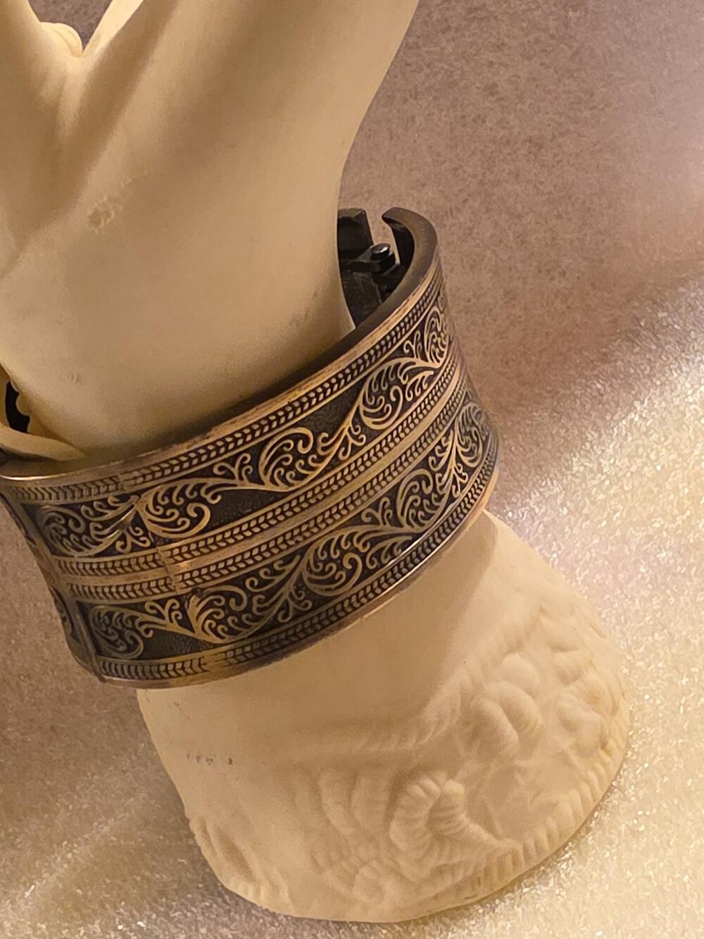Vintage Indian Ornate Etched Brass Wide Cuff Bracelet Stamped Floral Hinge Clasp